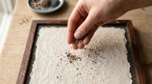 A pinch of seeds over wet pulp, showing how to choose wildflower seeds paper that holds together.