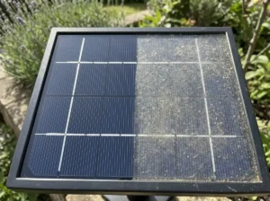 Cloudy solar light panel compared side by side with a freshly cleaned section.