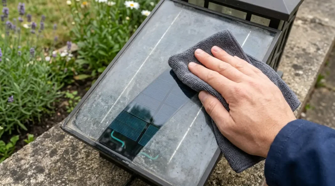 Cloudy solar light panel being wiped clean with a soft cloth in daylight.