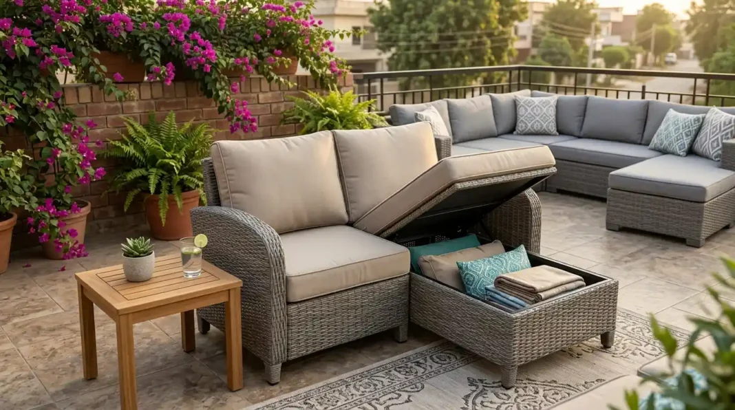 Compact patio furniture sets with a lift-up seat base showing hidden storage.