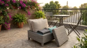 Compact patio furniture sets featuring a storage ottoman with cushions inside.