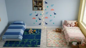 Budget wall decals and string lights used to divide bedroom boy/girl spaces under twenty dollars.