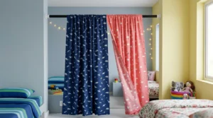 Curtain divider showing how to divide bedroom boy/girl spaces without construction.