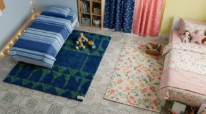 Two area rugs used to divide bedroom boy/girl floor space into separate zones.