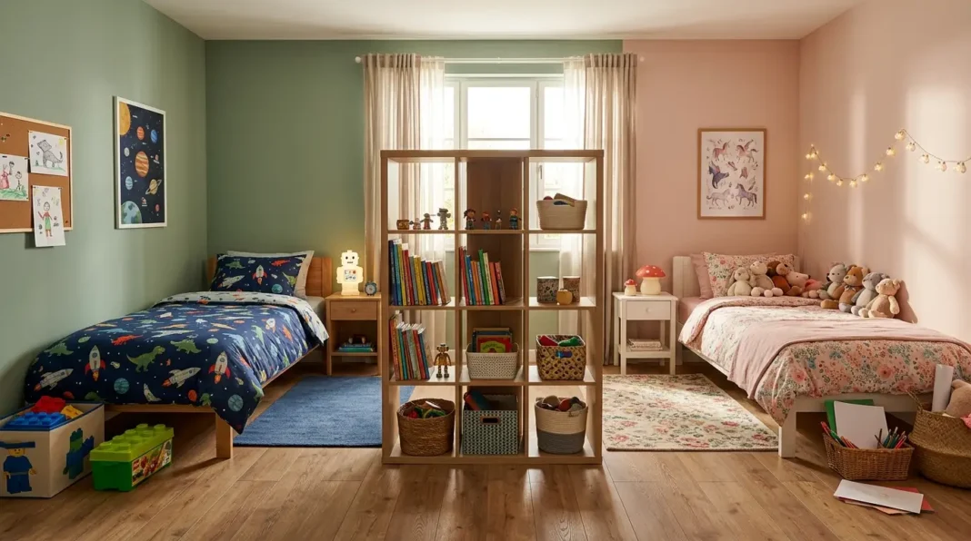 Shared kids bedroom that shows how to divide bedroom boy/girl spaces using a bookshelf divider.