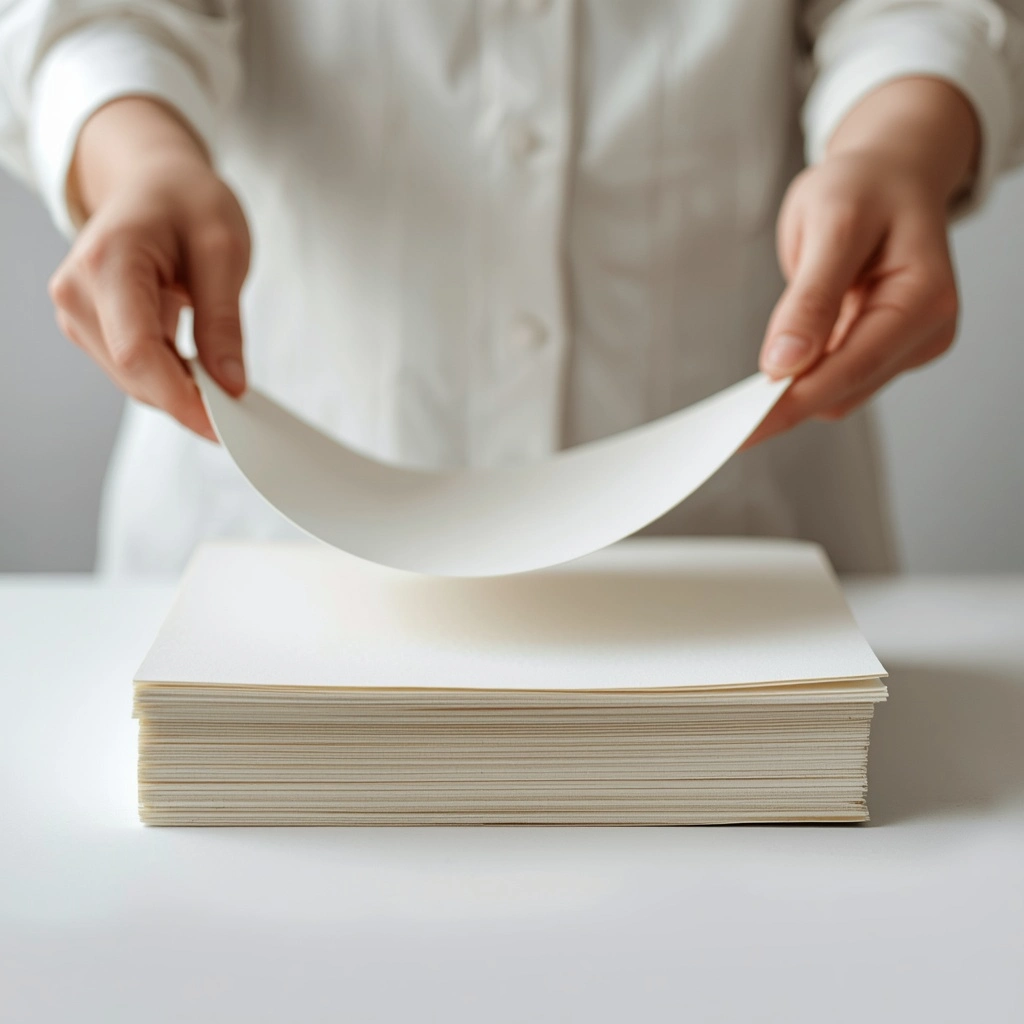 A flat, uncurled handmade paper sheet lifted off the stack after learning how to dry homemade paper fast.