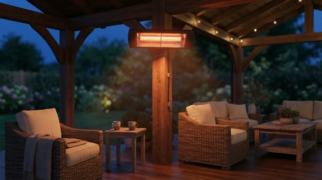 electric-infrared-patio-heaters-featured-gazebo Electric infrared patio heaters mounted in a gazebo corner with visible warm glow.