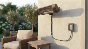 Electric infrared patio heaters wall-mounted with a GFCI outlet nearby.