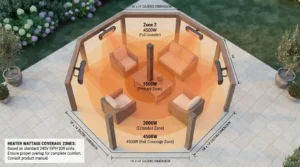 Electric infrared patio heaters wattage coverage mapped across a gazebo.