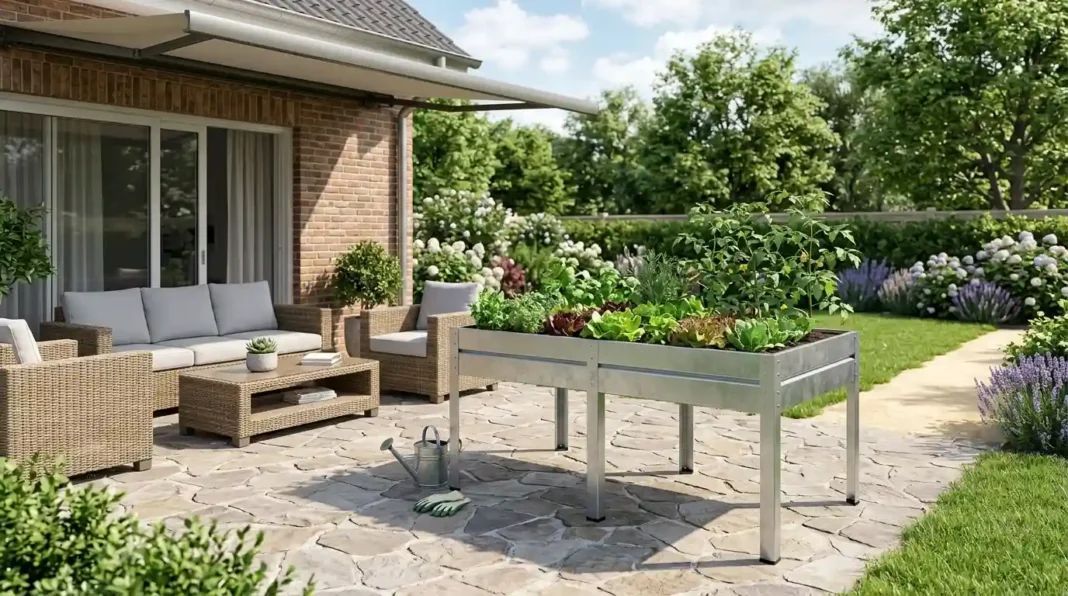 Elevated raised garden beds with legs on a sunny backyard patio.