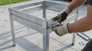 Assembling the leg frame of elevated raised garden beds with legs.