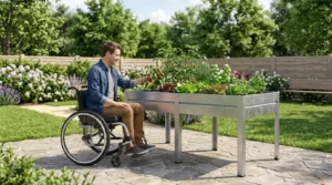 Wheelchair-accessible elevated raised garden beds with a 24-inch clearance.