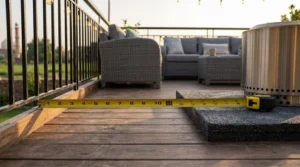 Fire pits wooden decks clearance distance measured at 10 feet from railing.