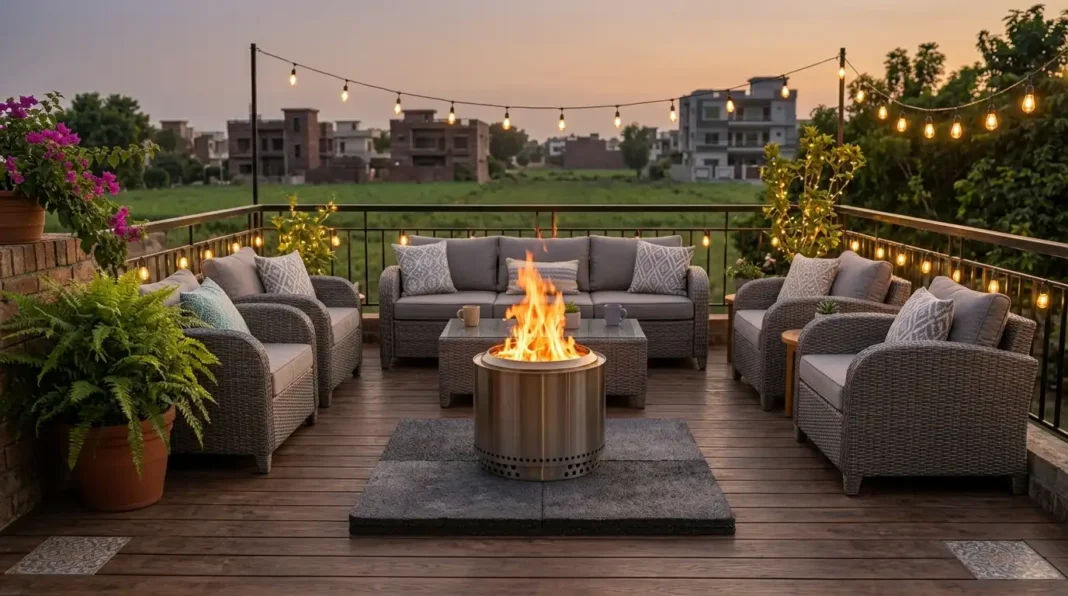 Fire pits wooden decks setup with a smokeless pit and heat-resistant mat underneath.