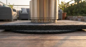 Fire pits wooden decks heat-resistant mat protecting deck boards underneath.