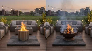 Fire pits wooden decks comparison between smokeless and traditional wood-burning designs.