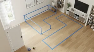 Painter's tape test showing how to fit l shaped sofa orientation for under fifty dollars.