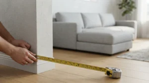 Measuring a living room wall to show how to fit l shaped sofa dimensions correctly.