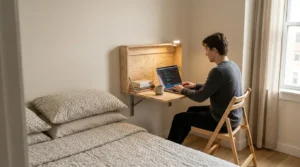 Budget fold-down desk setup for how to fit queen bed desk combos under fifty dollars.