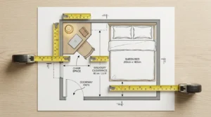 Floor plan measurements for how to fit queen bed desk clearance around doorways and walkways.