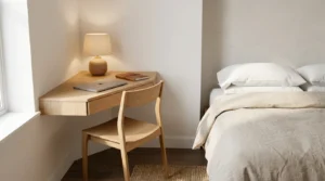 Corner workspace beside a queen bed showing how to fit queen bed desk clearance correctly.
