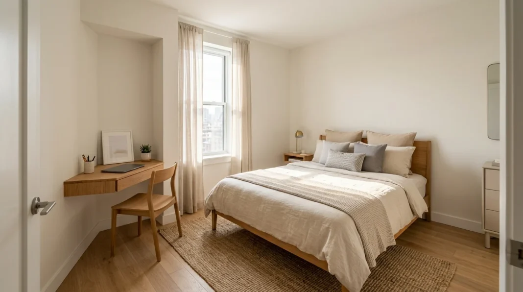 Small bedroom layout that shows how to fit a queen bed and desk furniture together against opposite walls.