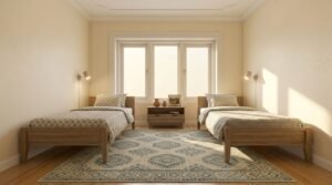 Budget twin bed setup that shows how to fit two twin beds for under fifty dollars.