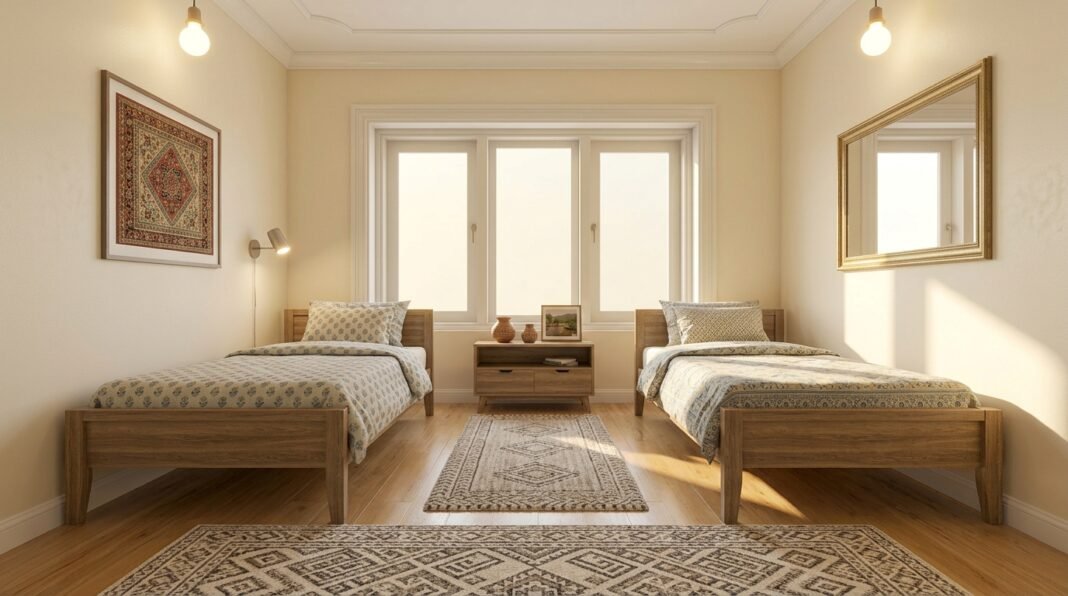 Shared bedroom that shows how to fit two twin beds using an opposite-wall layout.