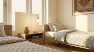 Shared nightstand between two beds showing how to fit two twin beds in a small room.