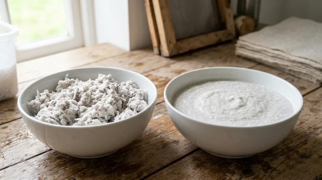 Lumpy pulp beside smooth pulp, showing the fix for how to fix lumpy paper pulp.