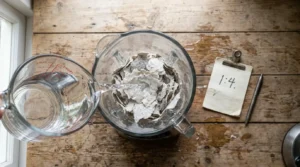 Measuring water into a blender at a 1:4 ratio, a fix for how to fix lumpy paper pulp.
