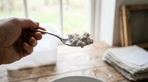 Checking a spoonful of pulp for lumps, the first step to fix lumpy paper pulp.
