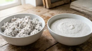 Stringy pulp next to smooth pulp, illustrating how to fix lumpy paper pulp texture problems.