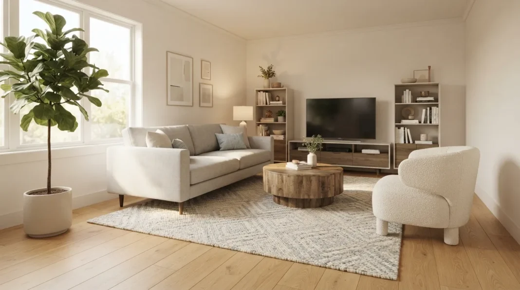 Small room with floated sofa showing how to float furniture small room layouts correctly.
