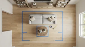 Painter's tape test showing how to float furniture small room layouts for under fifty dollars.