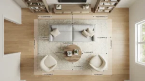 Measured clearance floor plan showing how to float furniture small room layouts with enough space.