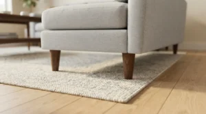 Rug anchoring a sofa to show how to float furniture small room layouts with proper grounding.