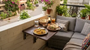 Wall mounted patio tables holding a full dinner tray.