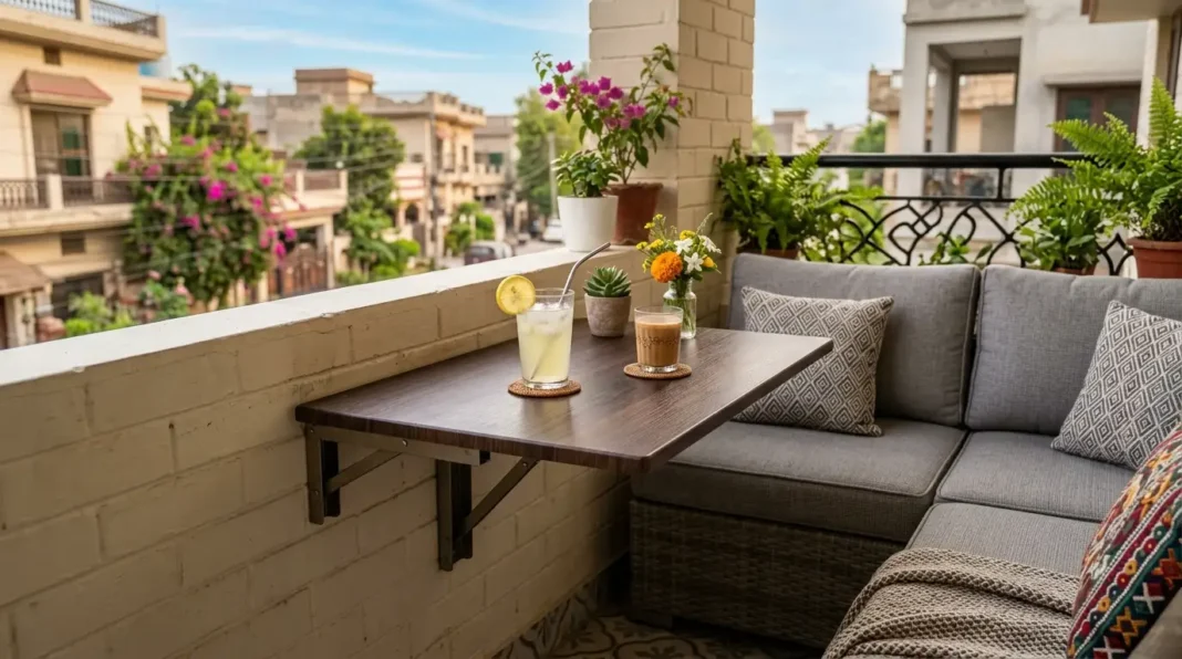Wall mounted patio tables set up beside a modular outdoor sectional.