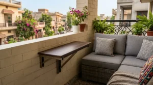 Wall mounted patio tables folded flat against a balcony wall.