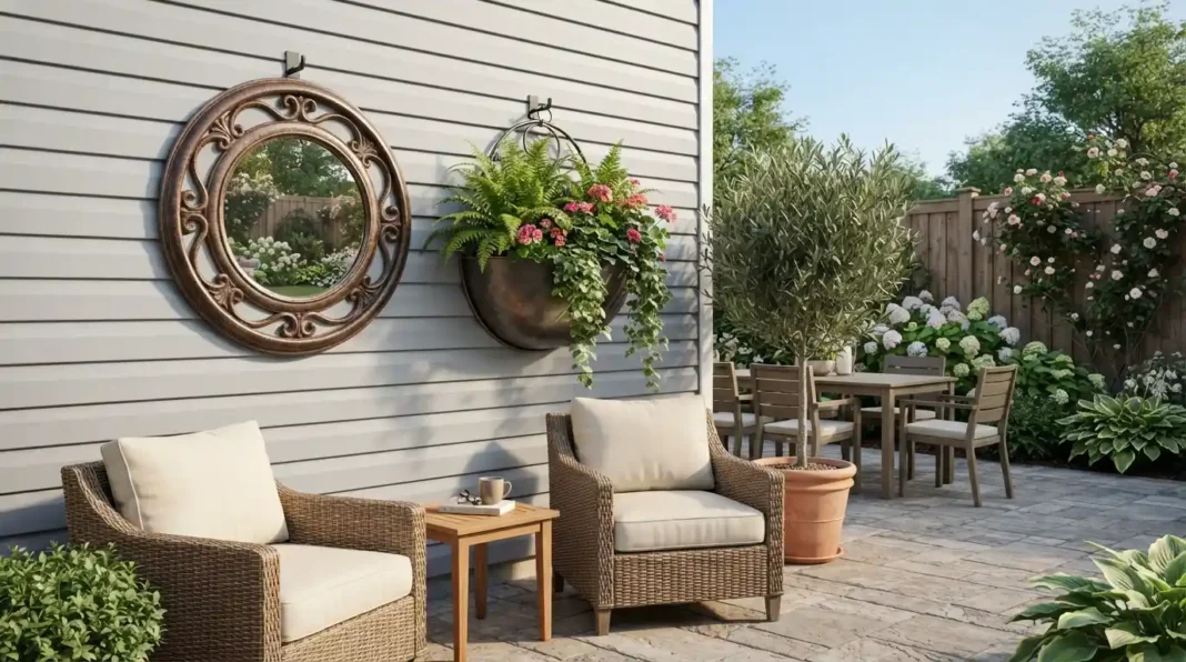 heavy-decor-vinyl-siding-featured Heavy decor vinyl siding setup with a mirror and planter hung without drilling.