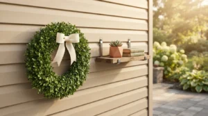 Finished heavy decor vinyl siding installation with wreath and shelf, no drilling.