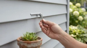 Sliding a hook under a lap edge for a heavy decor vinyl siding installation.