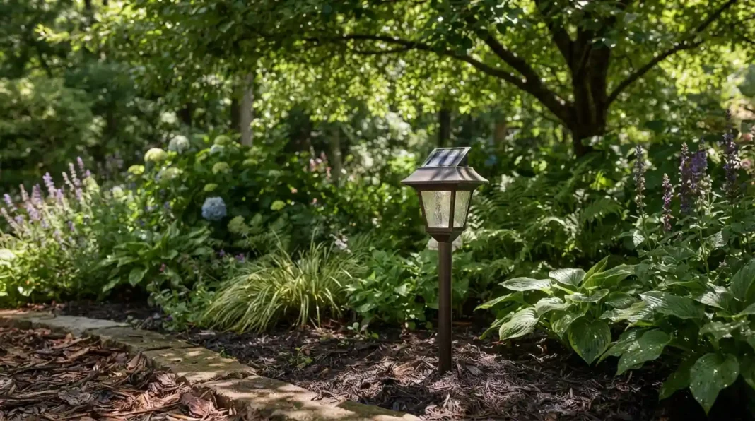 lights-charge-in-shade-dappled-garden-fixture Lights charge in shade shown through dappled sunlight reaching a garden fixture.