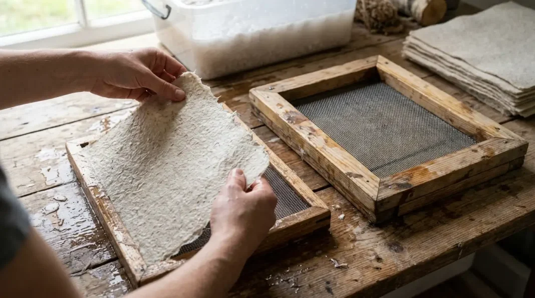A finished homemade mould and deckle beside a lifted paper sheet, the result of learning how to make a cheap paper mould.