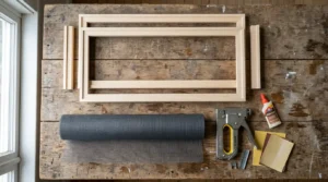 A close-up image showing hands pulling mesh screen taut over a wooden picture frame while securing it along the wooden edge using a silver staple gun.