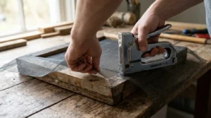 Stapling window screen onto an upcycled picture frame, a cheap way to make a paper mould.