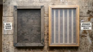 Basic screen mould beside an upgraded rib-supported mould after learning how to make a cheap paper mould.