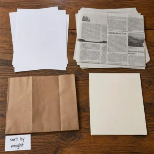 Sorted paper types used to make homemade paper pulp, from printer paper to cardstock.