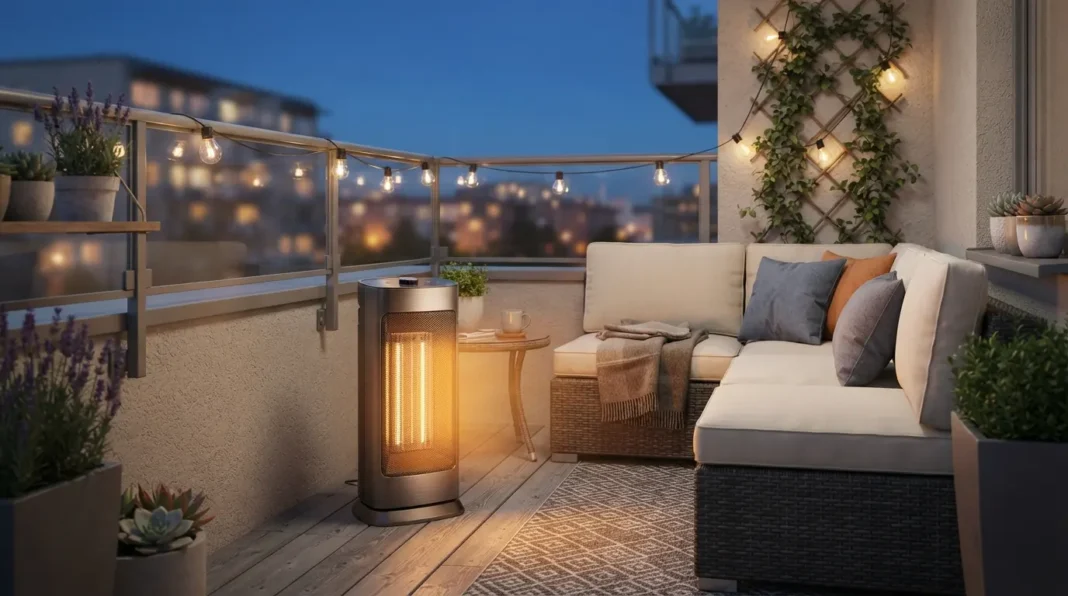 outdoor-heaters-small-balconies-featured Outdoor heaters small balconies compact tower design beside a modular sectional.